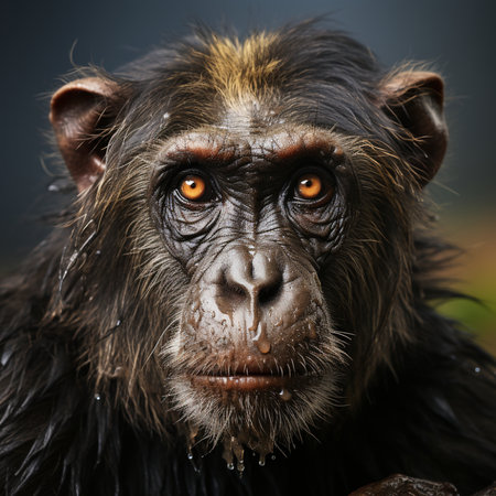 A detailed close-up of a chimpanzee's face, featuring wet fur and striking orange eyes, conveying a serious demeanor.の素材