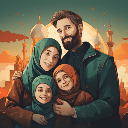 A joyful Muslim family embraces, with iconic mosques and a vibrant sunset creating a beautiful Islamic cultural backdrop.の素材