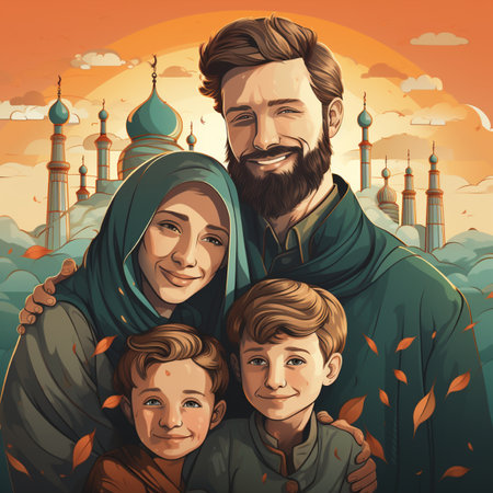 A joyful Muslim family posing together with iconic mosque architecture and a warm sunset glow.の素材