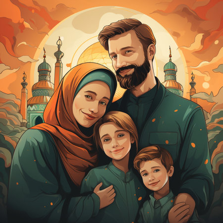 A joyful Muslim family depicted in a colorful illustration with mosques and a sunset sky.の素材