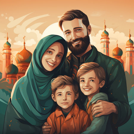 A joyful Muslim family, including parents and two sons, smiles warmly, set against a backdrop of intricate mosques, embodying community and faith.の素材