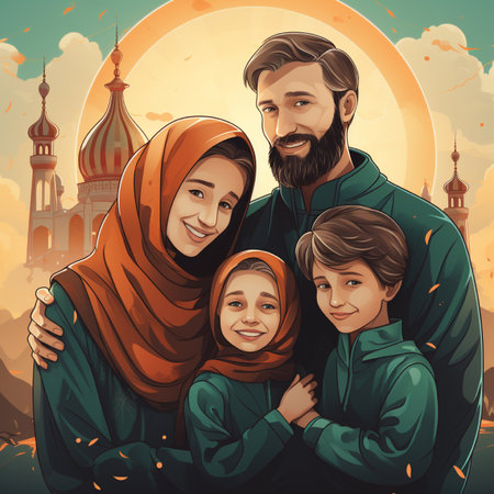 A joyful Muslim family embraces in front of iconic Islamic architecture and a radiant moon during a beautiful sunset.の素材