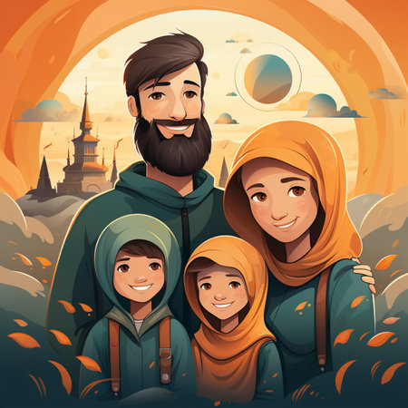A joyful Muslim family including parents and two children, dressed in traditional headwear, posing happily outdoors in a scenic autumn setting.の素材