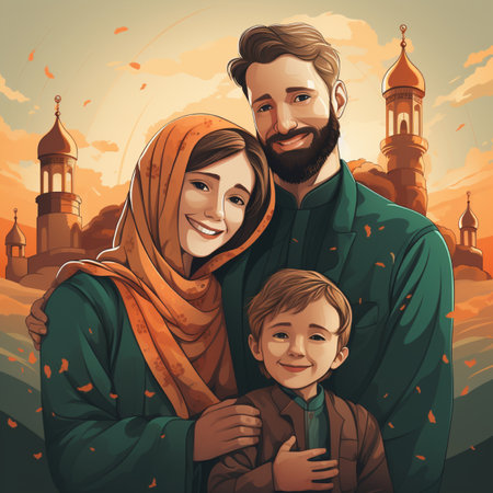 A joyful Muslim family of three smiles warmly, set against a backdrop of mosques and a sunset.の素材