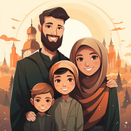 A joyful Muslim family, parents and two children, share a warm moment outdoors with cultural landmarks and a sunset.の素材