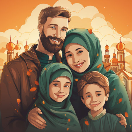 A smiling Muslim family of four, parents and two children, dressed in traditional attire, celebrating Ramadan in front of a mosque.の素材