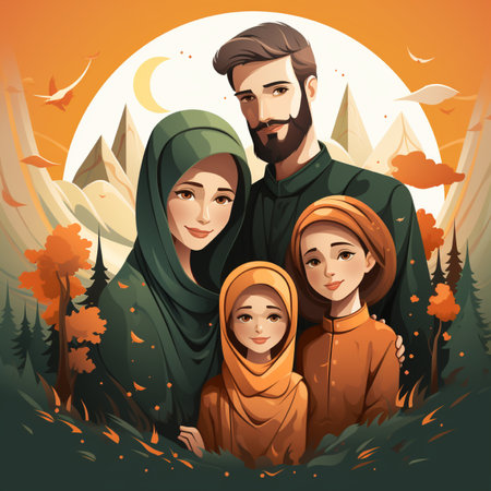 A loving Muslim family of four depicted in a stylized illustration, set against a backdrop of mountains and a crescent moon.の素材