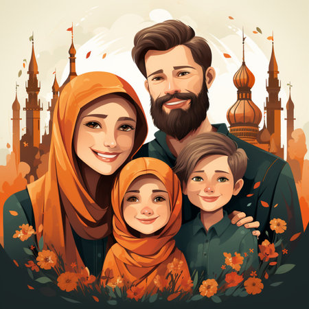 A joyful Muslim family depicted in a warm, autumnal style, with Islamic architectural elements and vibrant orange flowers.の素材