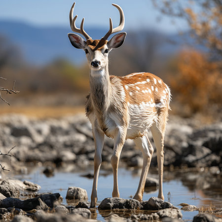 A beautiful young male deer with antlers and distinct white spots stands in a calm waterhole with rocks and dry plants around.の素材