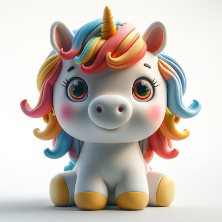 Cute cartoon unicorn isolated on white background. 3D rendering.の素材