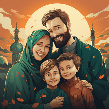 A joyful Muslim family in traditional attire smiles together against a backdrop of mosques and a vibrant sunset.の素材