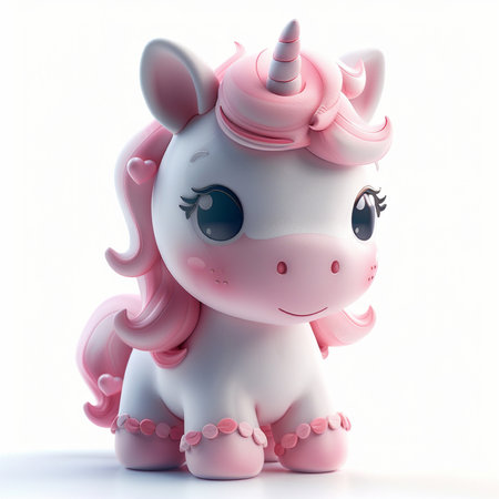 Cute pink unicorn isolated on white background. 3D rendering.の素材