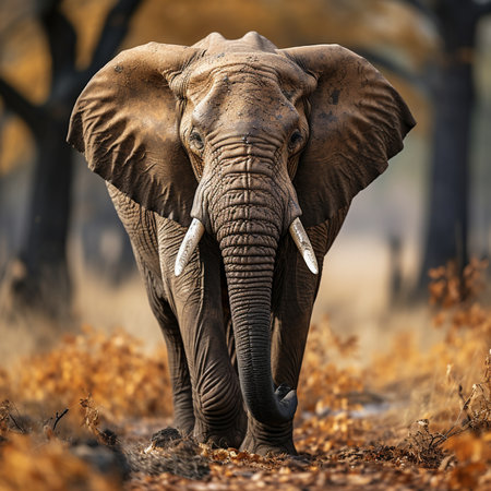 A full-frame close-up of a powerful African elephant with tusks, walking forward in a natural savanna habitat during autumn.の素材