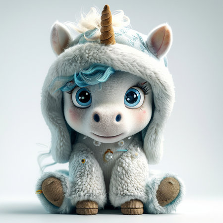 Cute little unicorn doll isolated on white background. 3d illustration.の素材