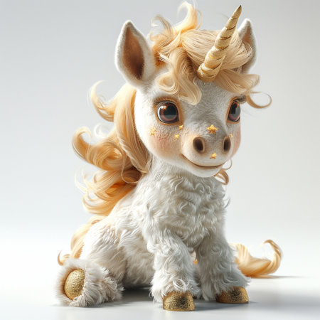Cute white unicorn with golden horn on a white background. 3d renderingの素材