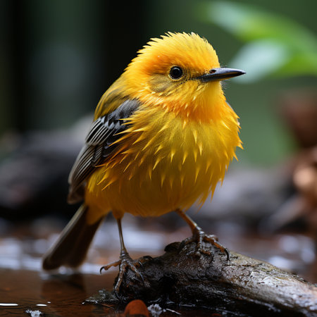 Beautiful yellow and black bird standing on a log in the rainforestの素材