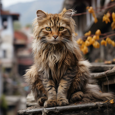 Persian cat sitting on the stairs in Kathmandu, Nepalの素材