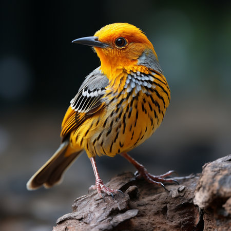 Beautiful yellow bird standing on the log in nature,Thailandの素材