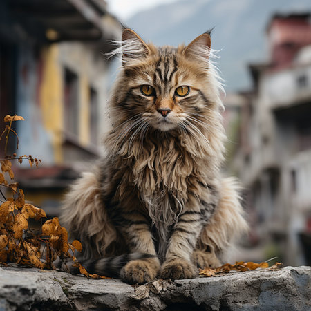 Persian cat sitting on a stone in the old town of Kathmandu, Nepalの素材