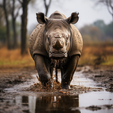 White rhinoceros standing in muddy puddle, South Africaの素材