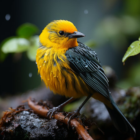 Beautiful yellow and black bird standing on a branch in the rainforestの素材