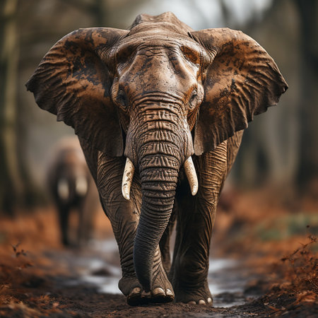 African elephant, Loxodonta africana, standing in muddy puddleの素材