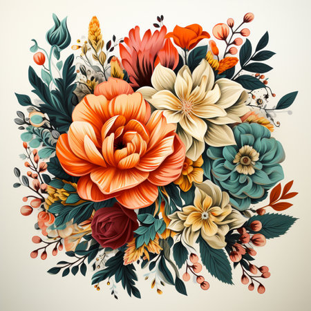 Floral bouquet with flowers and leaves. Vector illustration in retro style.の素材