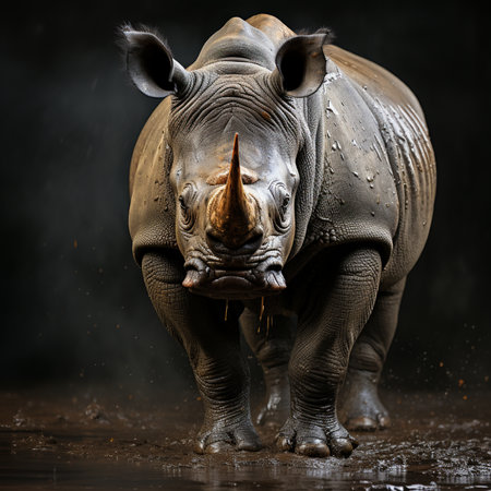 White rhinoceros on black background with water splashes.の素材
