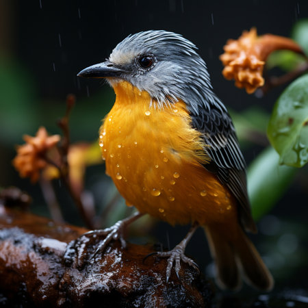 Tropical bird perched on a branch with rain drops in the backgroundの素材