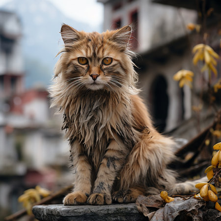 Persian cat sitting on a stone in the old town of Kathmandu, Nepal.の素材
