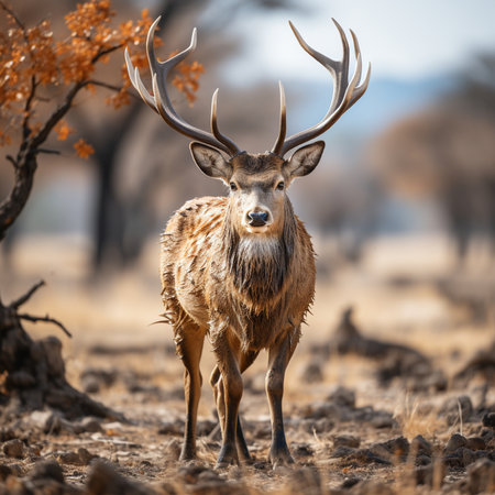 Close up of a male deer with antlers standing in the field.の素材