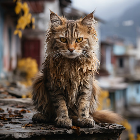 Beautiful maine coon cat sitting on the stone in the village.の素材