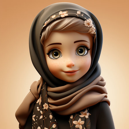 Charming digital illustration of a young girl in a hijab adorned with delicate flowers, perfect for diverse design needs.の写真素材