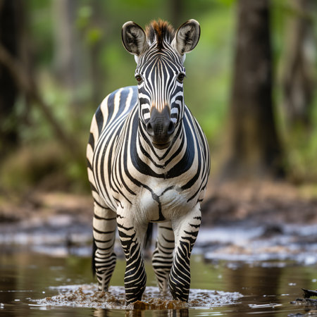 Plains zebra, Equus quagga, single mammal in water, Kruger National Park, South Africaの素材
