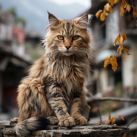 Portrait of a beautiful cat on the background of the mountains.の素材