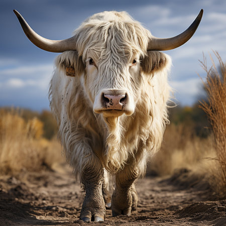 Portrait of a Scottish highland cow on a dirt road.の素材