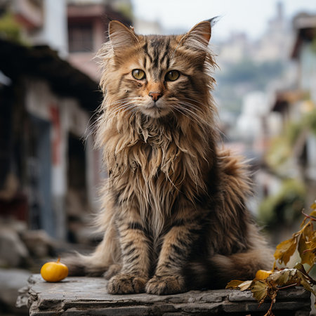 Persian cat sitting on a stone in the old town of Kathmandu, Nepalの素材