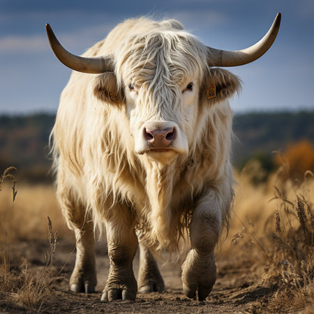 Portrait of a white highland cow standing in a field.の素材