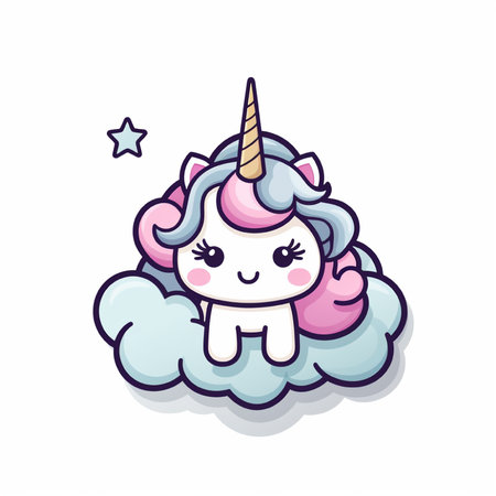 Cute unicorn on the cloud. Vector illustration isolated on white background.の素材