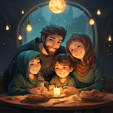 Happy family sitting at the table in the cafe at night, illustrationの素材
