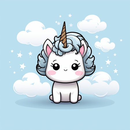 Cute cartoon unicorn with clouds and stars on blue background. Vector illustration.の素材