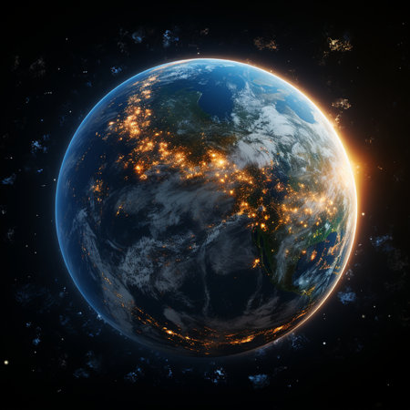 Earth planet in space with visible country borders. 3D illustration.の素材