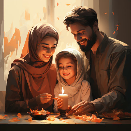 Happy muslim family with a child in the room with candles.の素材