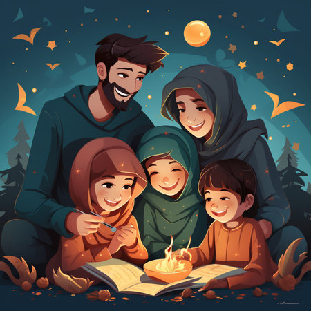 Muslim family reading a book in the night forest. Vector illustration.の素材