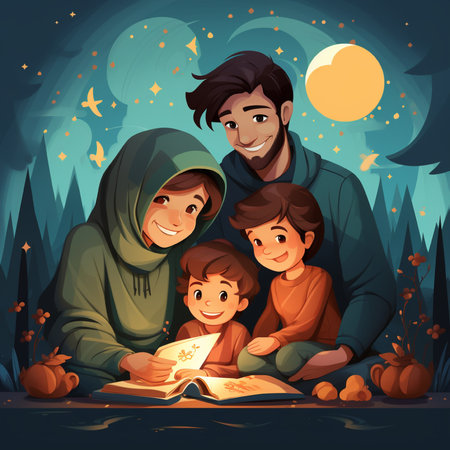 Happy family reading holy bible at night, cartoon vector illustration of muslim father, mother and children reading holy book.の素材