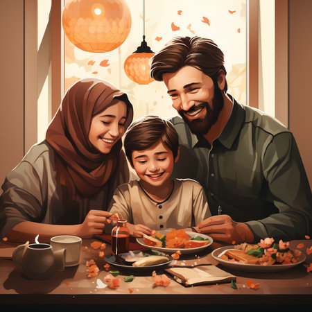 Happy family having dinner together at home. Muslim man and woman with their son eating healthy food.の素材