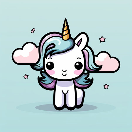 Cute unicorn with clouds and stars. Cute cartoon character. Vector illustration.の素材