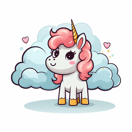 Cute unicorn with clouds isolated on white background. Vector illustration.の素材
