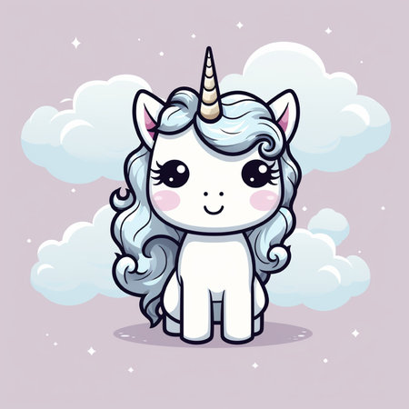 Cute unicorn in clouds. Vector illustration. Cute cartoon character.の素材