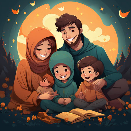 Muslim family in the forest on the background of the full moon. Vector illustrationの素材